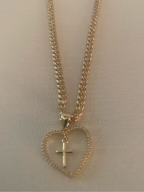 Gold-tone Heart Pendant Necklace with Cross Charm